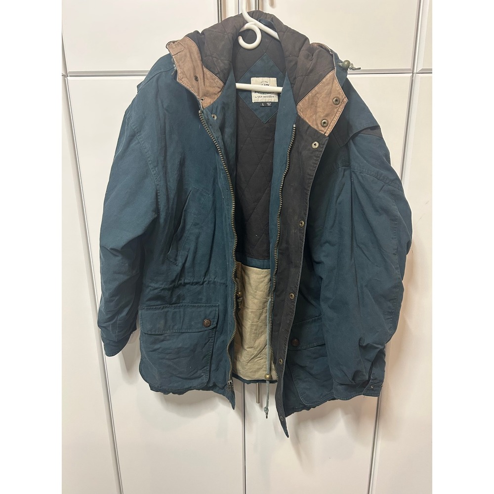 Van Heusen Vintage Mens Large Teal Blue Quilted Lined Hooded Parka Jacket Coat